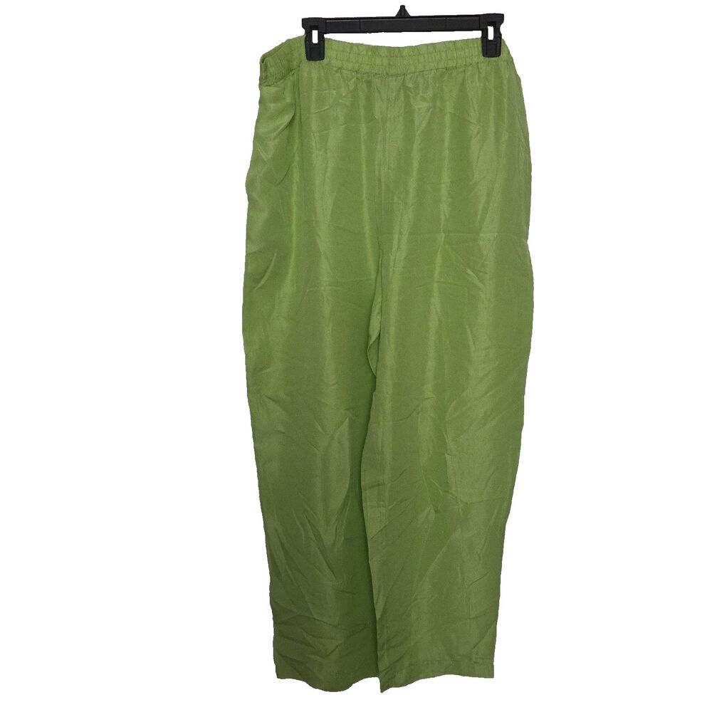 Diane von Furstenberg silk pants high waisted pull-on lime green sz L vintage